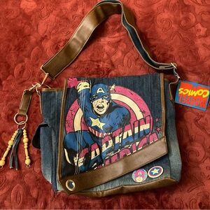 Marvel Captain America Retro Denim and Brown Messenger Bag Adjust Strap NWT 2005